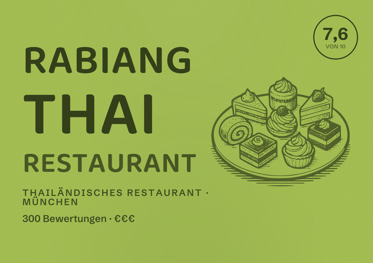 Illustriertes Poster von Rabiang Thai Restaurant, Thailändisches Restaurant in München: Bewertung 7,6 von 10 aus 300 Bewertungen, Preisniveau €€€