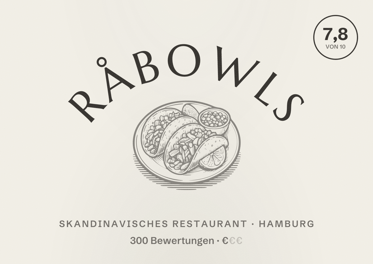 Illustriertes Poster von råbowls, Skandinavisches Restaurant in Hamburg: Bewertung 7,8 von 10 aus 300 Bewertungen, Preisniveau €