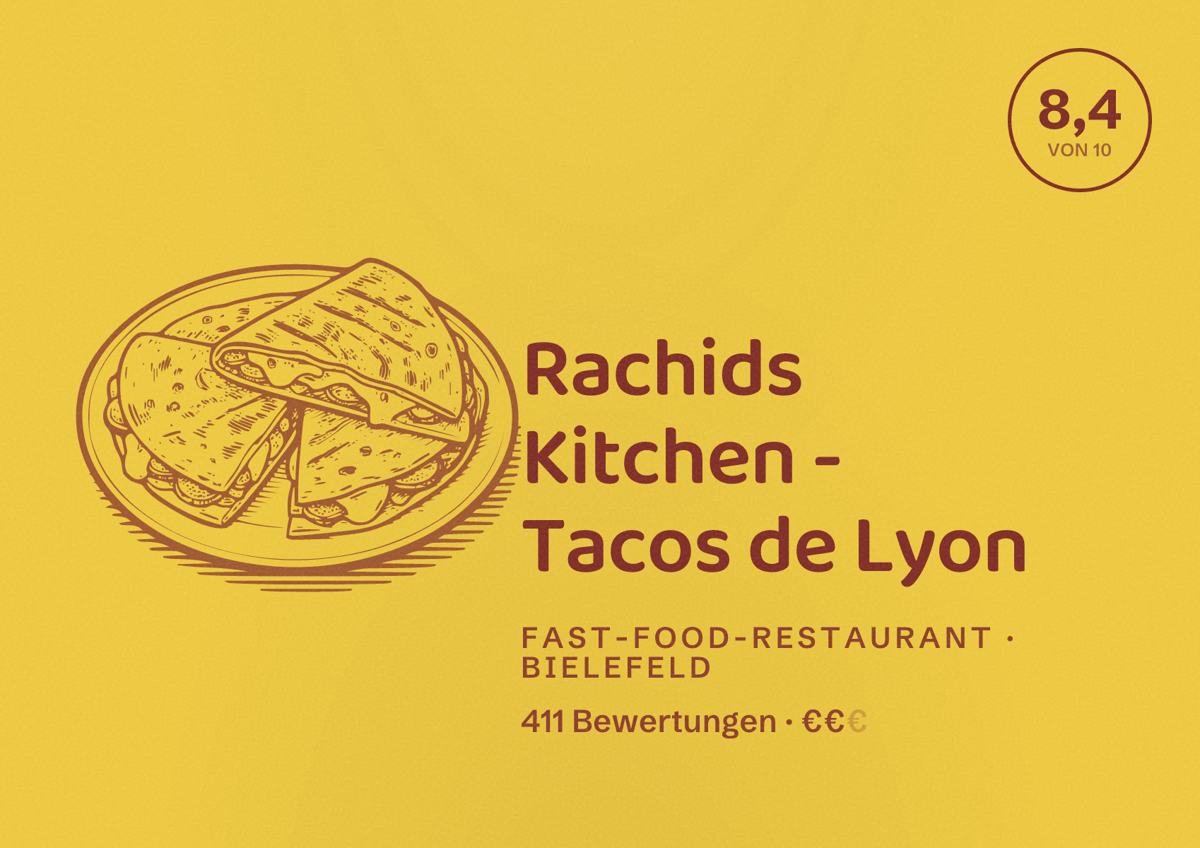 Illustriertes Poster von Rachids Kitchen - Tacos de Lyon, Fast-Food-Restaurant in Bielefeld: Bewertung 8,4 von 10 aus 411 Bewertungen, Preisniveau €€