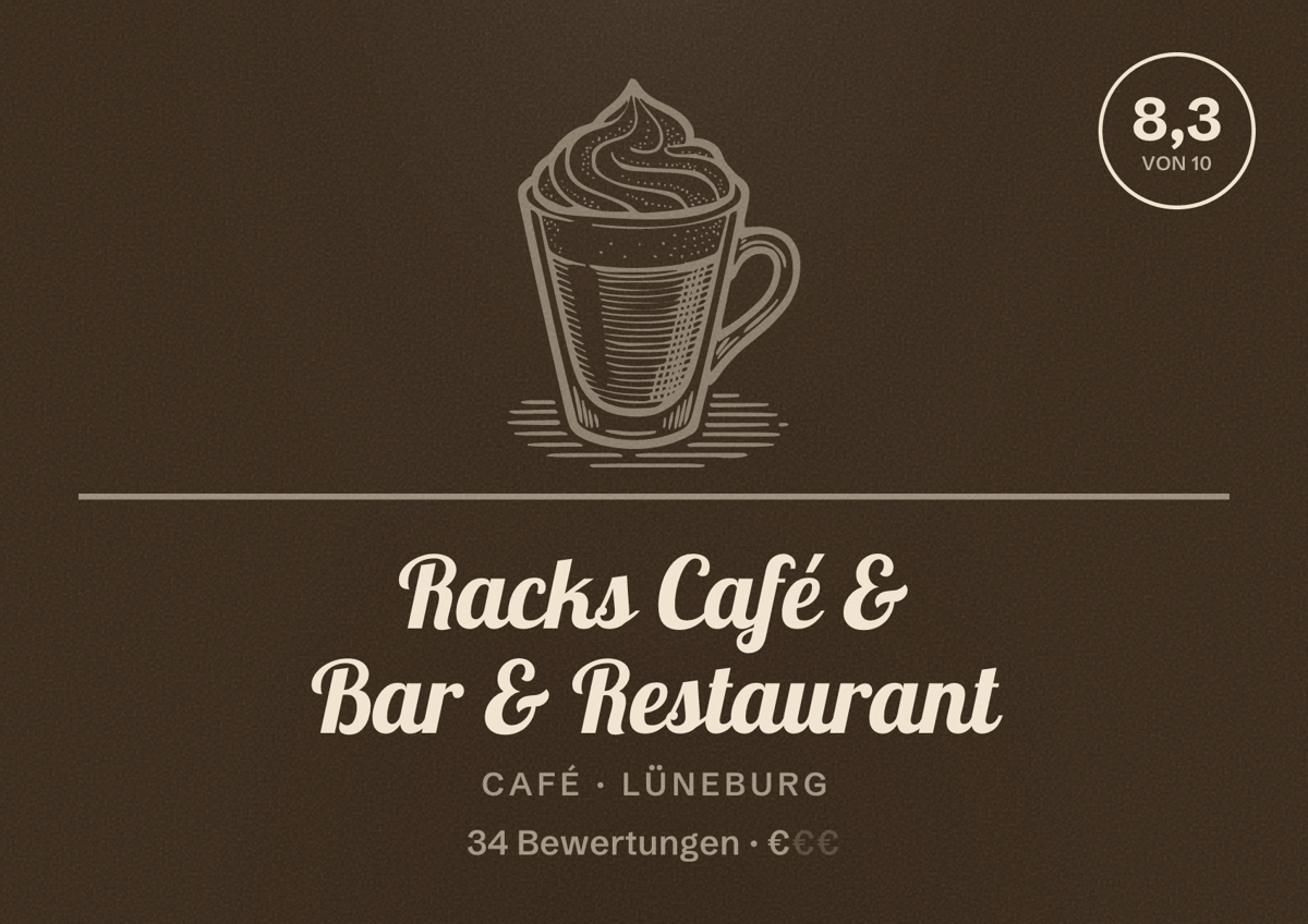 Illustriertes Poster von Racks Café & Bar & Restaurant, Café in Lüneburg: Bewertung 8,3 von 10 aus 34 Bewertungen, Preisniveau €