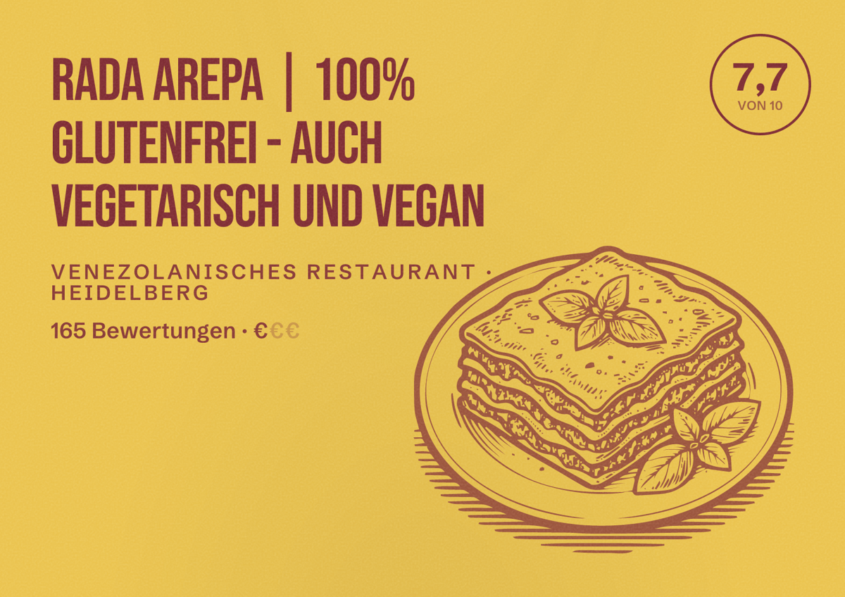 Illustriertes Poster von Rada Arepa | 100% Glutenfrei - auch vegetarisch und vegan, Venezolanisches Restaurant in Heidelberg: Bewertung 7,7 von 10 aus 165 Bewertungen, Preisniveau €