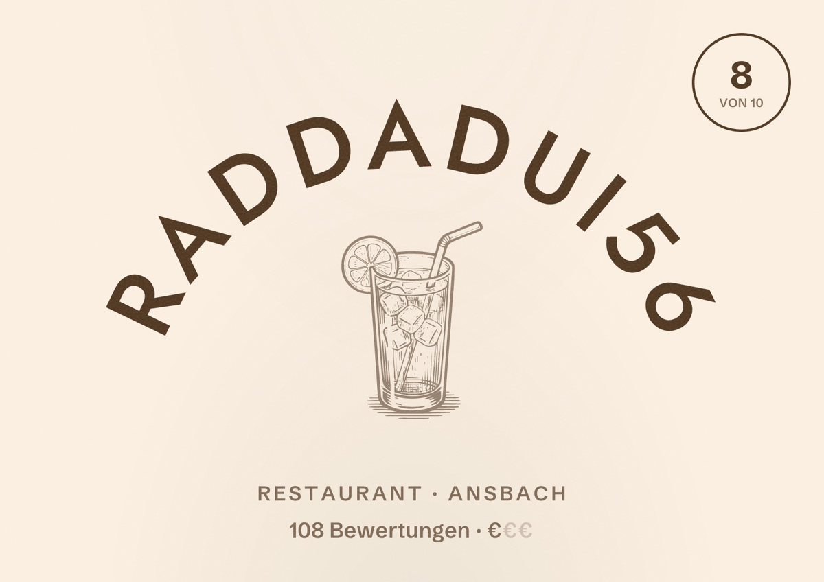 Illustriertes Poster von Raddadui56, Restaurant in Ansbach: Bewertung 8 von 10 aus 108 Bewertungen, Preisniveau €