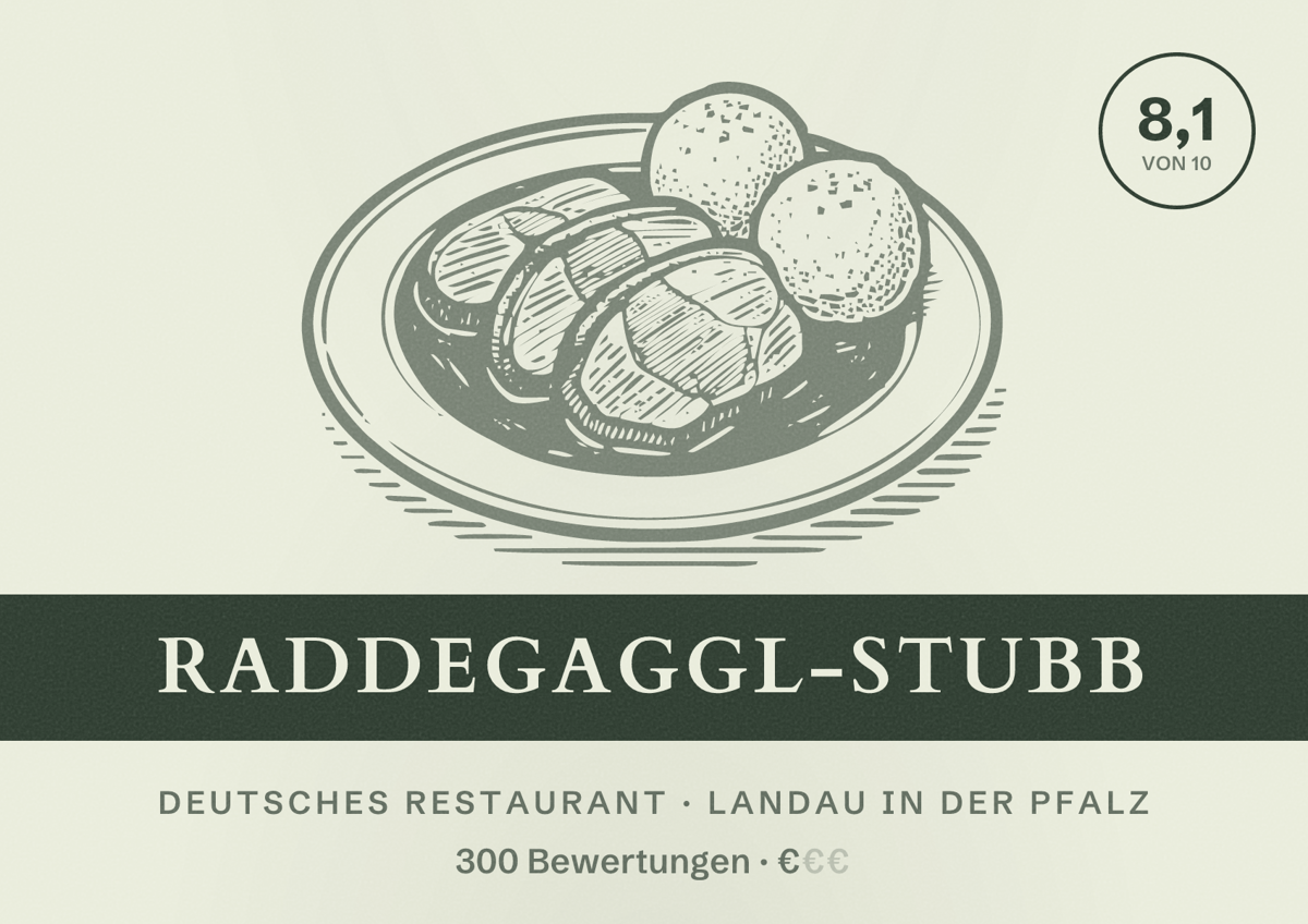 Illustriertes Poster von Raddegaggl-Stubb, Deutsches Restaurant in Landau in der Pfalz: Bewertung 8,1 von 10 aus 300 Bewertungen, Preisniveau €