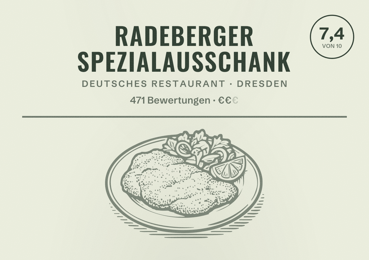 Illustriertes Poster von Radeberger Spezialausschank, Deutsches Restaurant in Dresden: Bewertung 7,4 von 10 aus 471 Bewertungen, Preisniveau €€