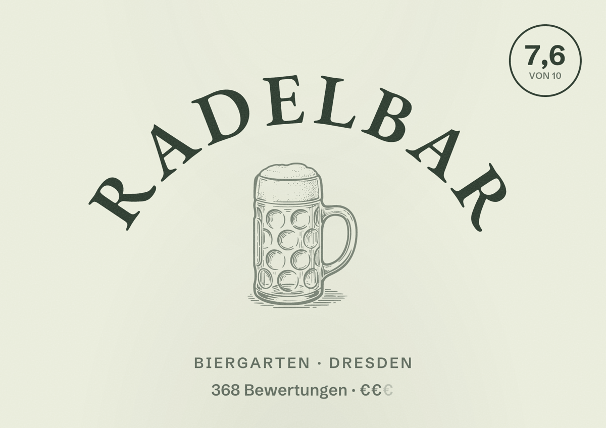 Illustriertes Poster von Radelbar, Biergarten in Dresden: Bewertung 7,6 von 10 aus 368 Bewertungen, Preisniveau €€