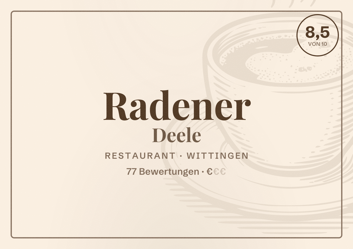 Illustriertes Poster von Radener Deele, Restaurant in Wittingen: Bewertung 8,5 von 10 aus 77 Bewertungen, Preisniveau €