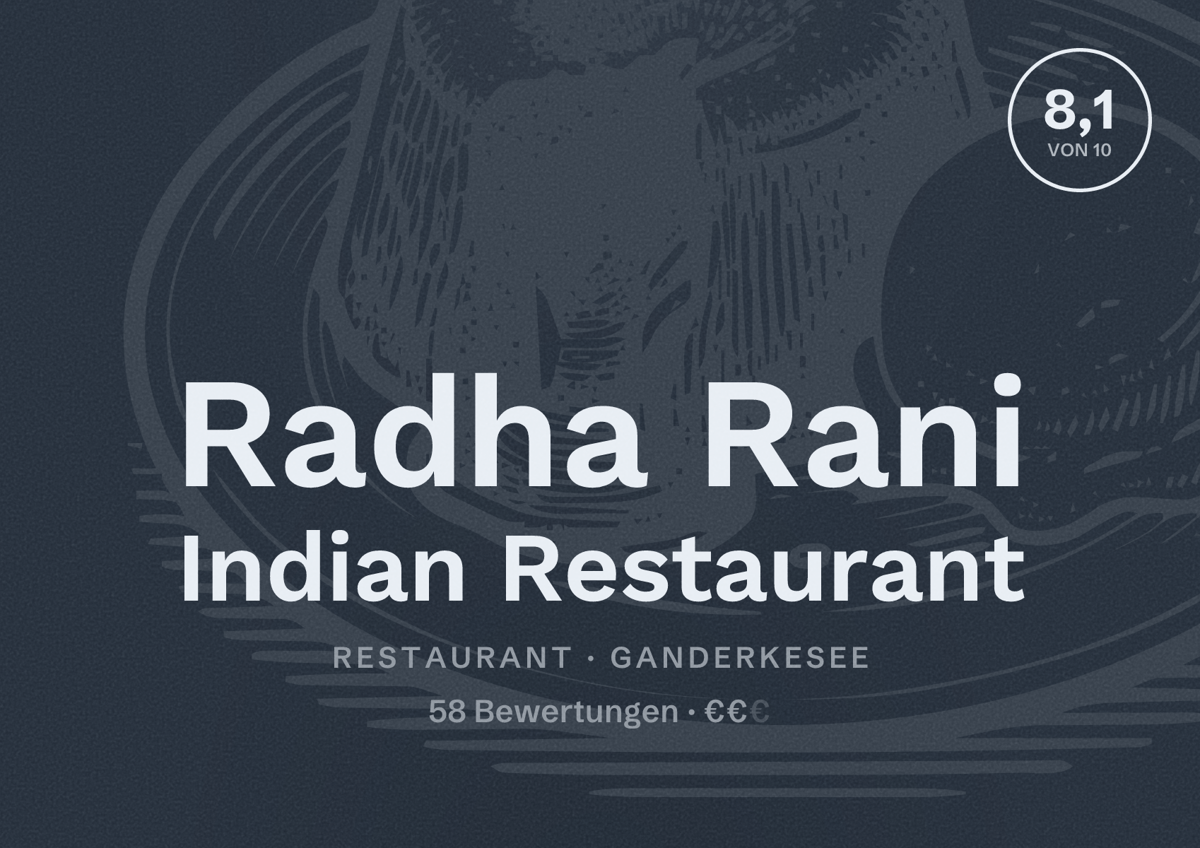 Illustriertes Poster von Radha Rani Indian Restaurant, Restaurant in Ganderkesee: Bewertung 8,1 von 10 aus 58 Bewertungen, Preisniveau €€