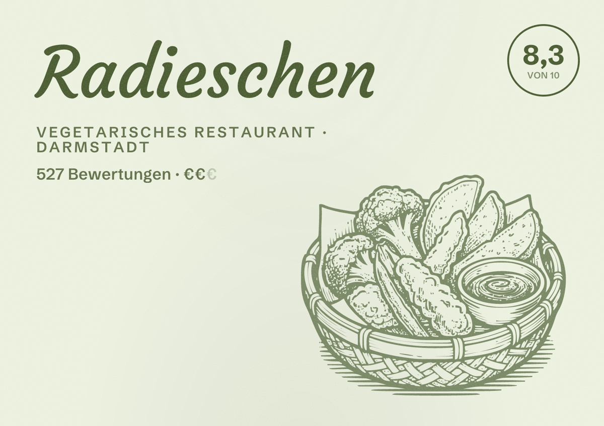 Illustriertes Poster von Radieschen, Vegetarisches Restaurant in Darmstadt: Bewertung 8,3 von 10 aus 527 Bewertungen, Preisniveau €€