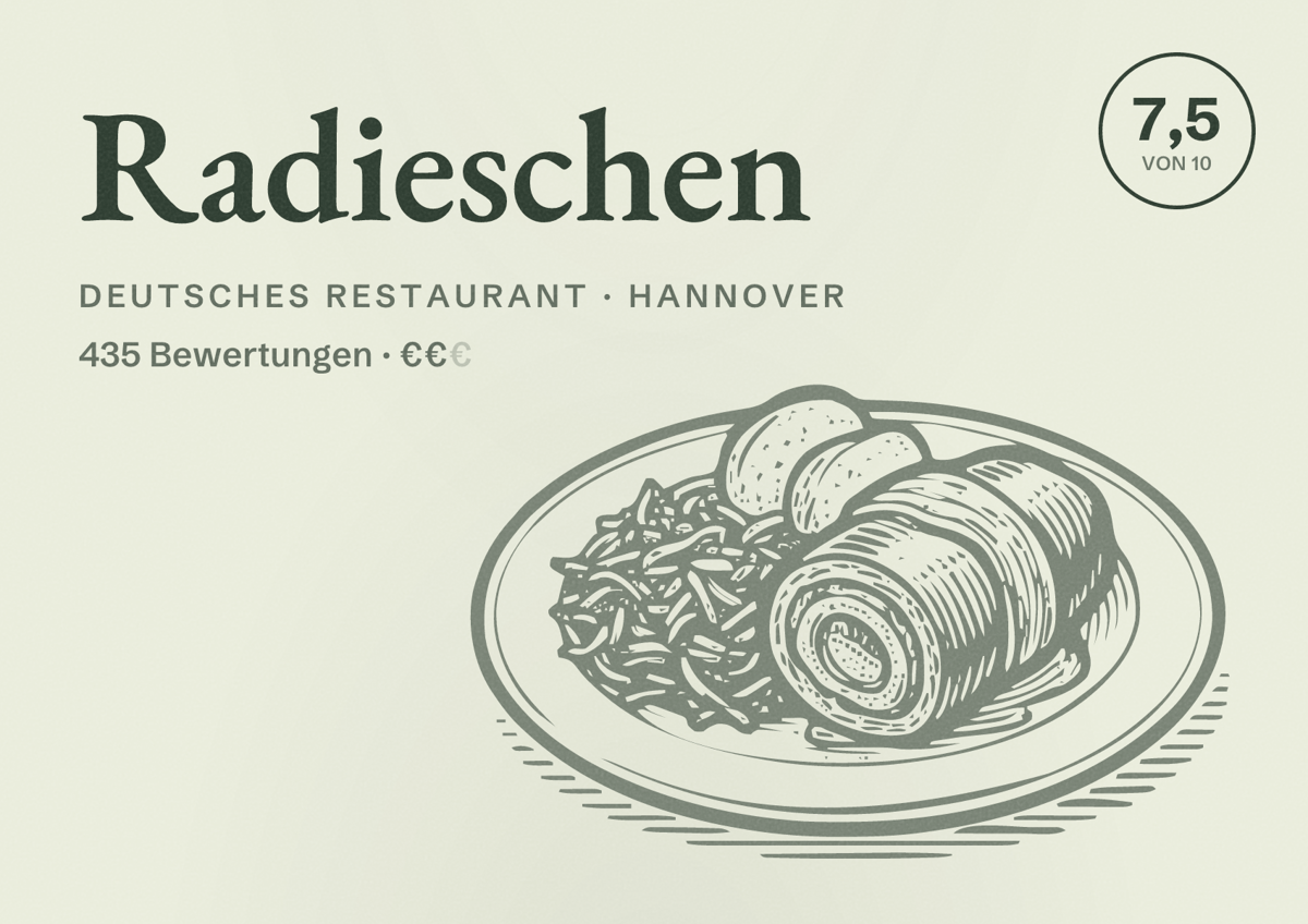 Illustriertes Poster von Radieschen, Deutsches Restaurant in Hannover: Bewertung 7,5 von 10 aus 435 Bewertungen, Preisniveau €€