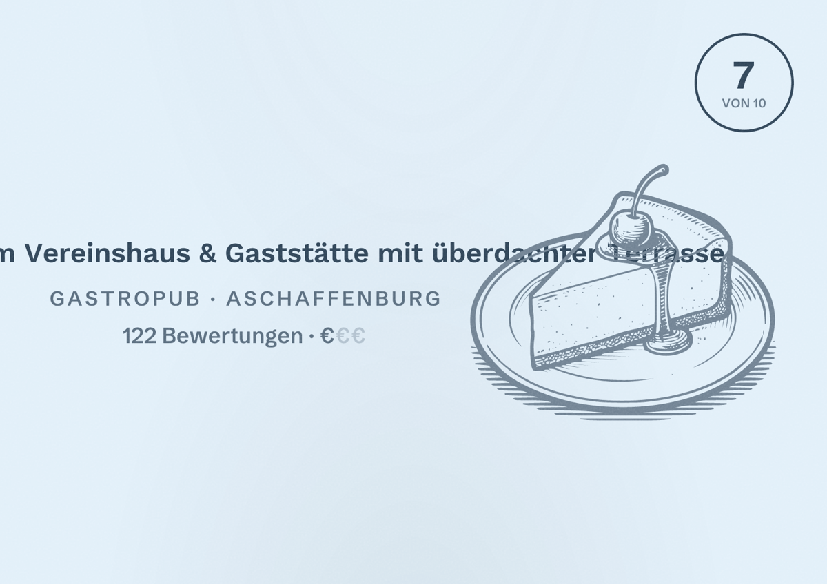 Illustriertes Poster von Radieschenheim Vereinshaus & Gaststätte mit überdachter Terrasse, Gastropub in Aschaffenburg: Bewertung 7 von 10 aus 122 Bewertungen, Preisniveau €