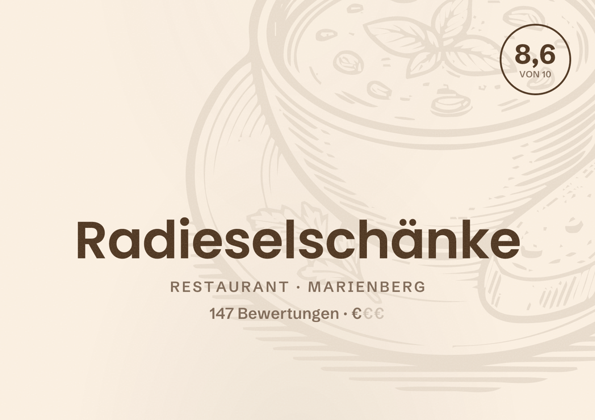 Illustriertes Poster von Radieselschänke, Restaurant in Marienberg: Bewertung 8,6 von 10 aus 147 Bewertungen, Preisniveau €