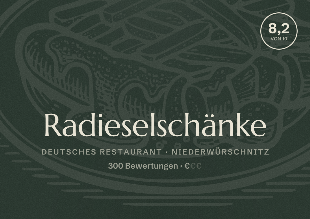 Illustriertes Poster von Radieselschänke, Deutsches Restaurant in Niederwürschnitz: Bewertung 8,2 von 10 aus 300 Bewertungen, Preisniveau €