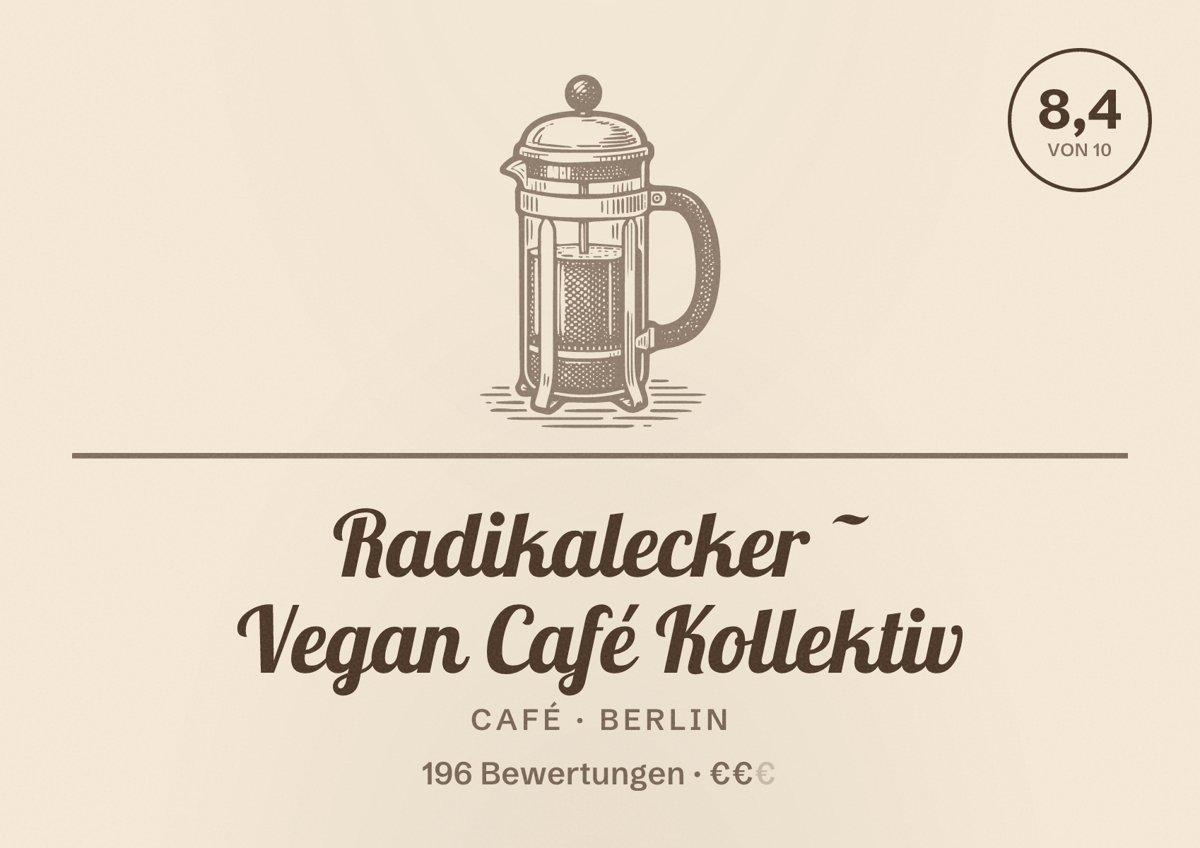 Illustriertes Poster von Radikalecker ~ Vegan Café Kollektiv, Café in Berlin: Bewertung 8,4 von 10 aus 196 Bewertungen, Preisniveau €€