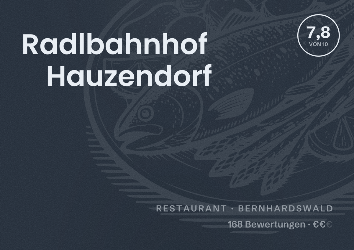 Illustriertes Poster von Radlbahnhof Hauzendorf, Restaurant in Bernhardswald: Bewertung 7,8 von 10 aus 168 Bewertungen, Preisniveau €€