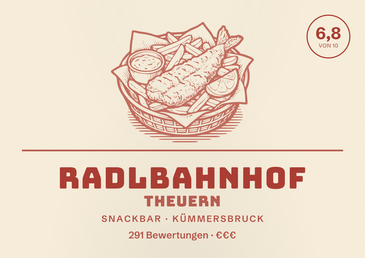Illustriertes Poster von Radlbahnhof Theuern, Snackbar in Kümmersbruck: Bewertung 6,8 von 10 aus 291 Bewertungen, Preisniveau €€€