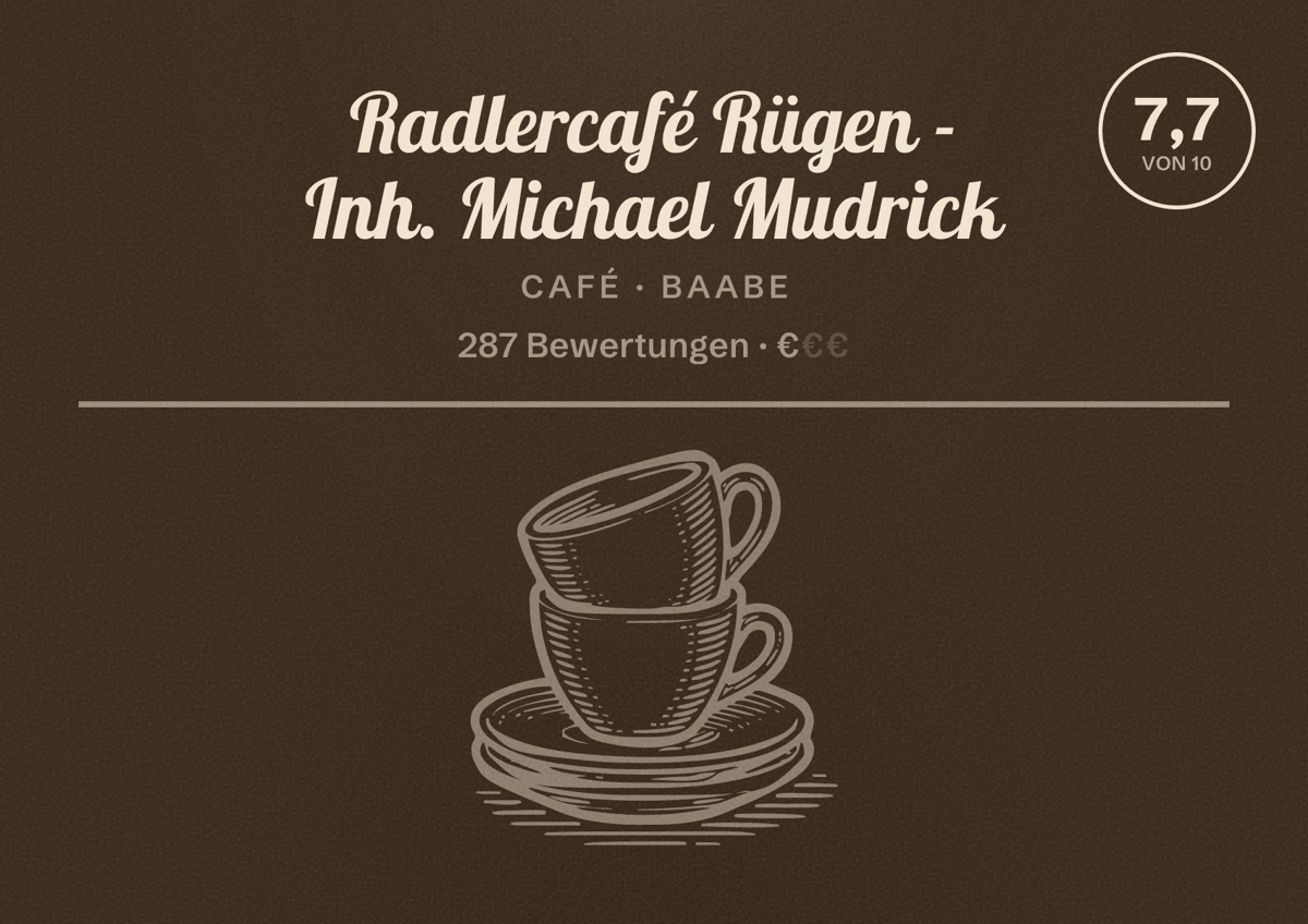 Illustriertes Poster von Radlercafé Rügen - Inh. Michael Mudrick, Café in Baabe: Bewertung 7,7 von 10 aus 287 Bewertungen, Preisniveau €