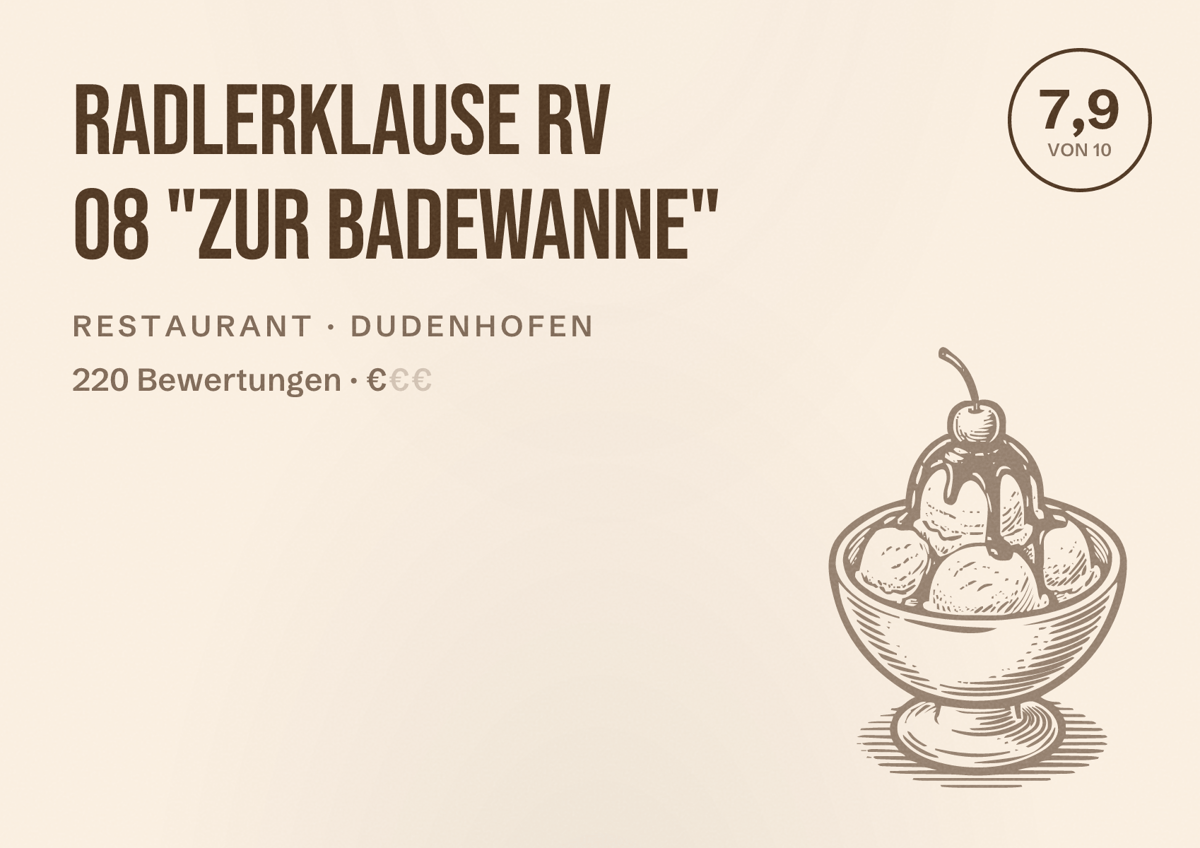 Illustriertes Poster von Radlerklause RV 08 "Zur Badewanne", Restaurant in Dudenhofen: Bewertung 7,9 von 10 aus 220 Bewertungen, Preisniveau €