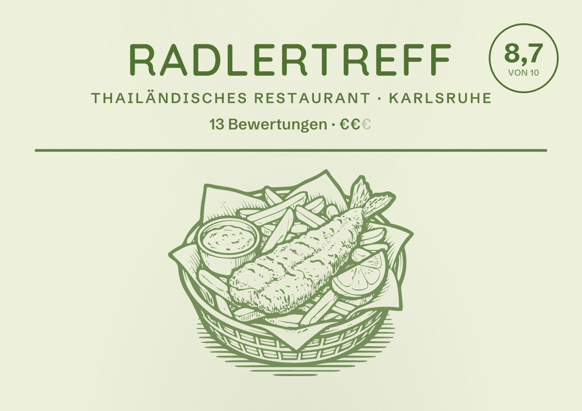 Illustriertes Poster von Radlertreff, Thailändisches Restaurant in Karlsruhe: Bewertung 8,7 von 10 aus 13 Bewertungen, Preisniveau €€