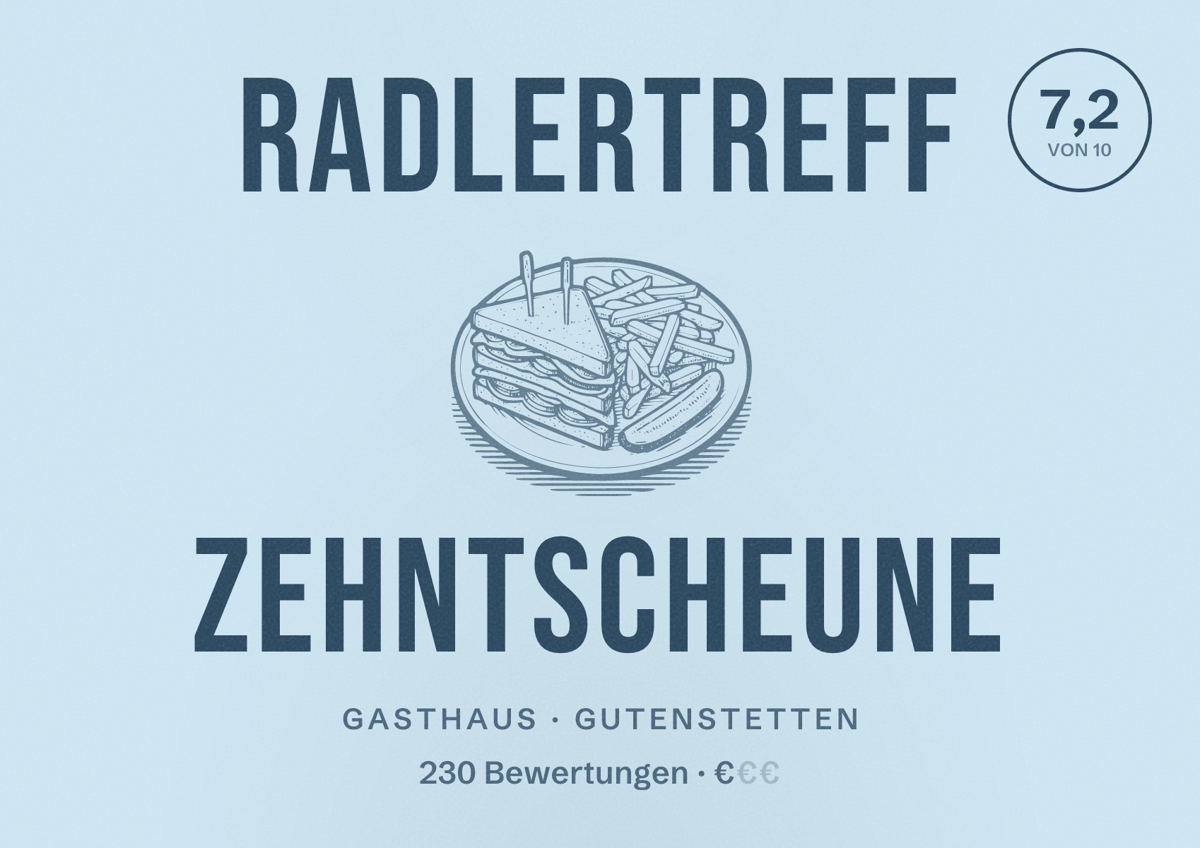 Illustriertes Poster von Radlertreff Zehntscheune, Gasthaus in Gutenstetten: Bewertung 7,2 von 10 aus 230 Bewertungen, Preisniveau €