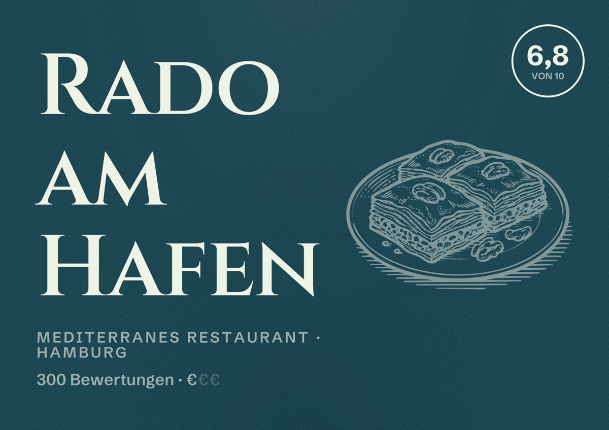 Illustriertes Poster von Rado am Hafen, Mediterranes Restaurant in Hamburg: Bewertung 6,8 von 10 aus 300 Bewertungen, Preisniveau €