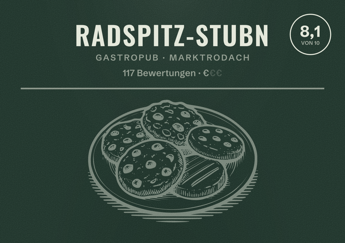 Illustriertes Poster von Radspitz-Stubn, Gastropub in Marktrodach: Bewertung 8,1 von 10 aus 117 Bewertungen, Preisniveau €