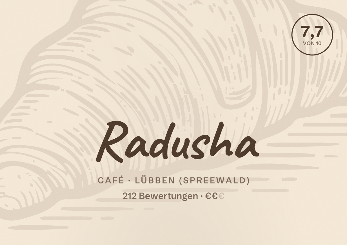 Illustriertes Poster von Radusha, Café in Lübben (Spreewald): Bewertung 7,7 von 10 aus 212 Bewertungen, Preisniveau €€