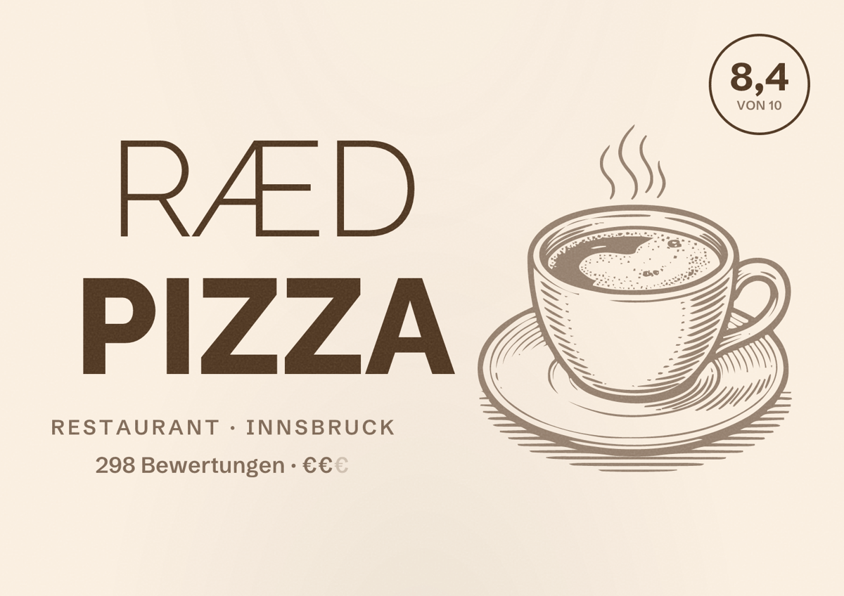 Illustriertes Poster von RÆD PIZZA, Restaurant in Innsbruck: Bewertung 8,4 von 10 aus 298 Bewertungen, Preisniveau €€