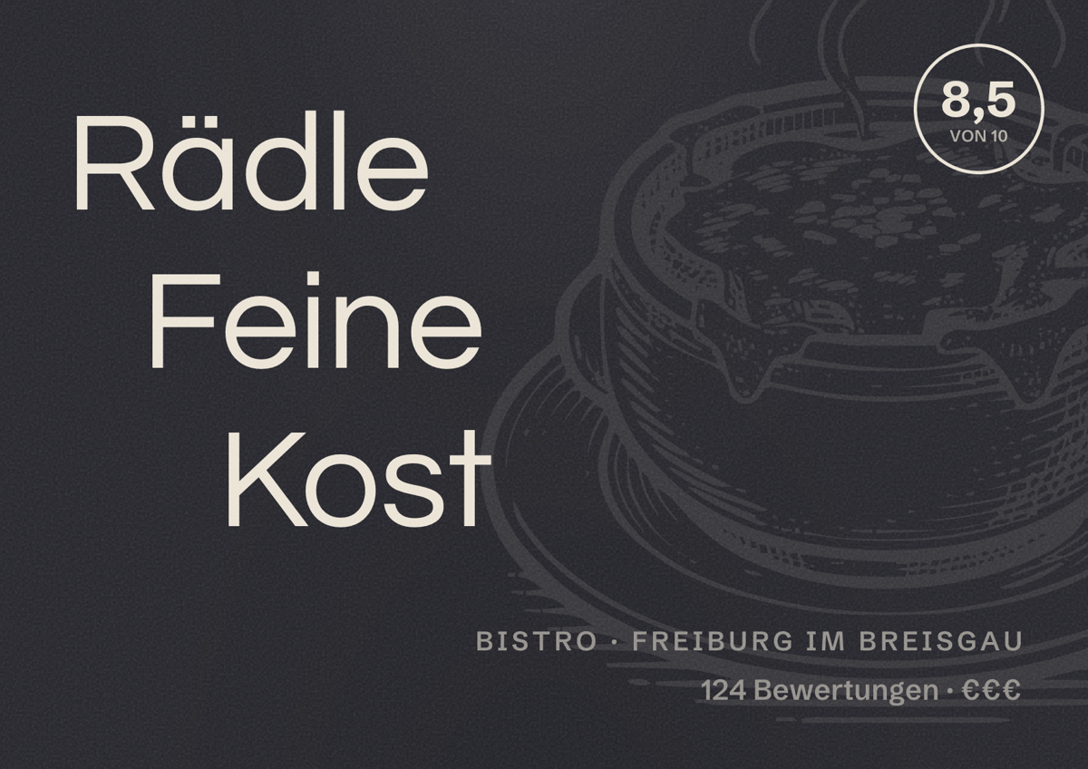 Illustriertes Poster von Rädle Feine Kost, Bistro in Freiburg im Breisgau: Bewertung 8,5 von 10 aus 124 Bewertungen, Preisniveau €€€
