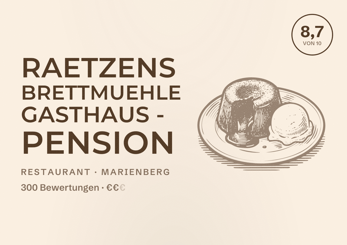 Illustriertes Poster von Raetzens Brettmuehle Gasthaus - Pension, Restaurant in Marienberg: Bewertung 8,7 von 10 aus 300 Bewertungen, Preisniveau €€