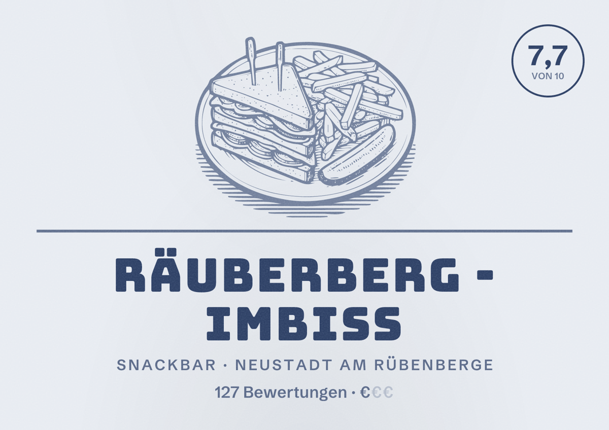 Illustriertes Poster von Räuberberg - Imbiss, Snackbar in Neustadt am Rübenberge: Bewertung 7,7 von 10 aus 127 Bewertungen, Preisniveau €