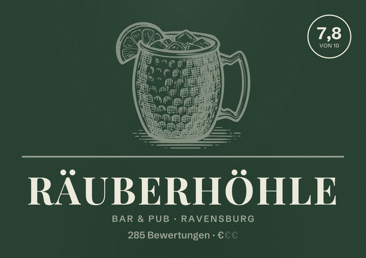 Illustriertes Poster von Räuberhöhle, Bar & Pub in Ravensburg: Bewertung 7,8 von 10 aus 285 Bewertungen, Preisniveau €
