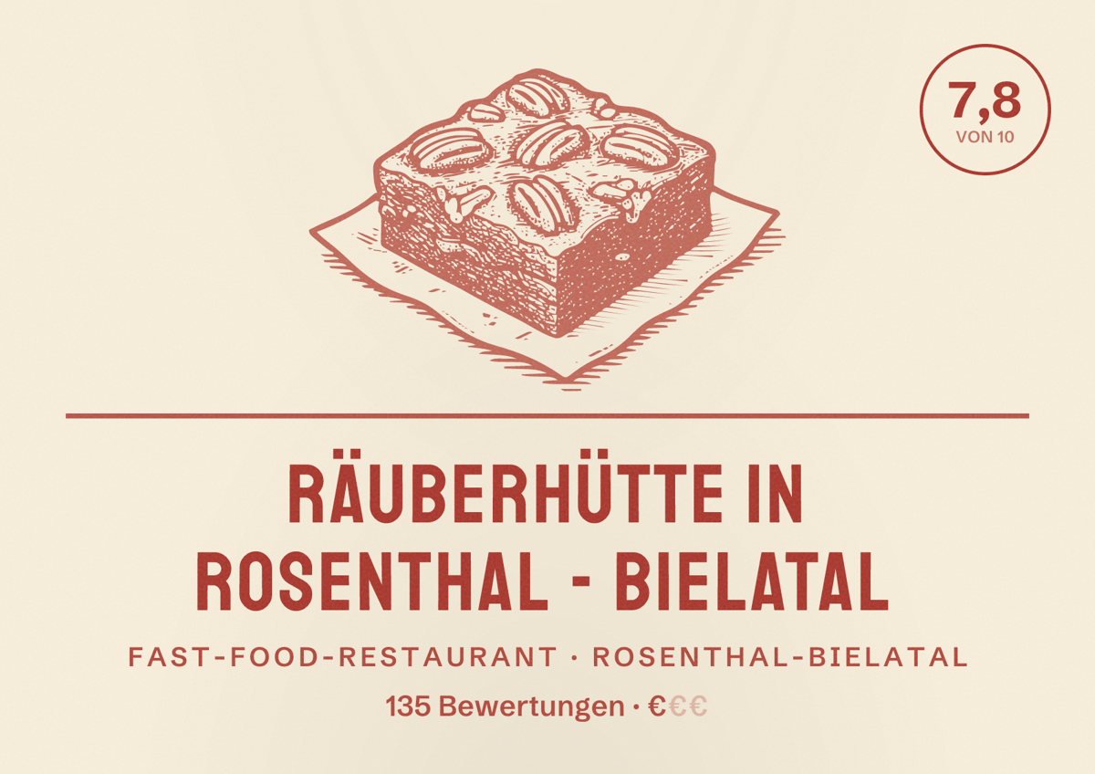 Illustriertes Poster von Räuberhütte in Rosenthal - Bielatal, Fast-Food-Restaurant in Rosenthal-Bielatal: Bewertung 7,8 von 10 aus 135 Bewertungen, Preisniveau €