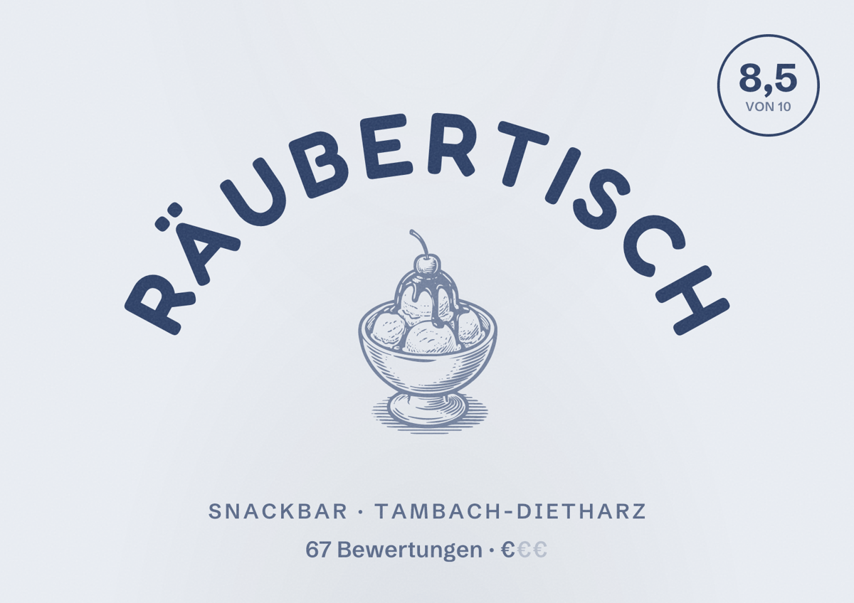 Illustriertes Poster von Räubertisch, Snackbar in Tambach-Dietharz: Bewertung 8,5 von 10 aus 67 Bewertungen, Preisniveau €