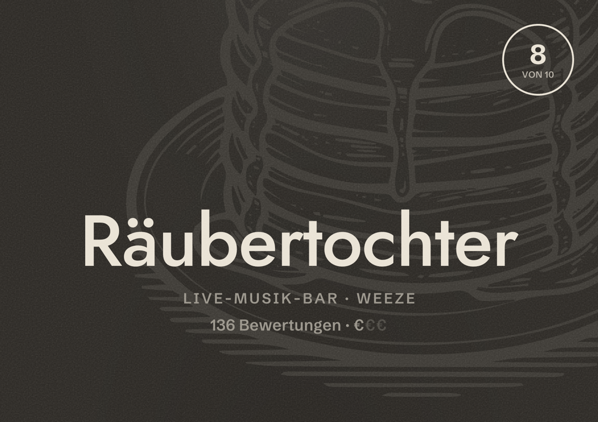 Illustriertes Poster von Räubertochter, Live-Musik-Bar in Weeze: Bewertung 8 von 10 aus 136 Bewertungen, Preisniveau €