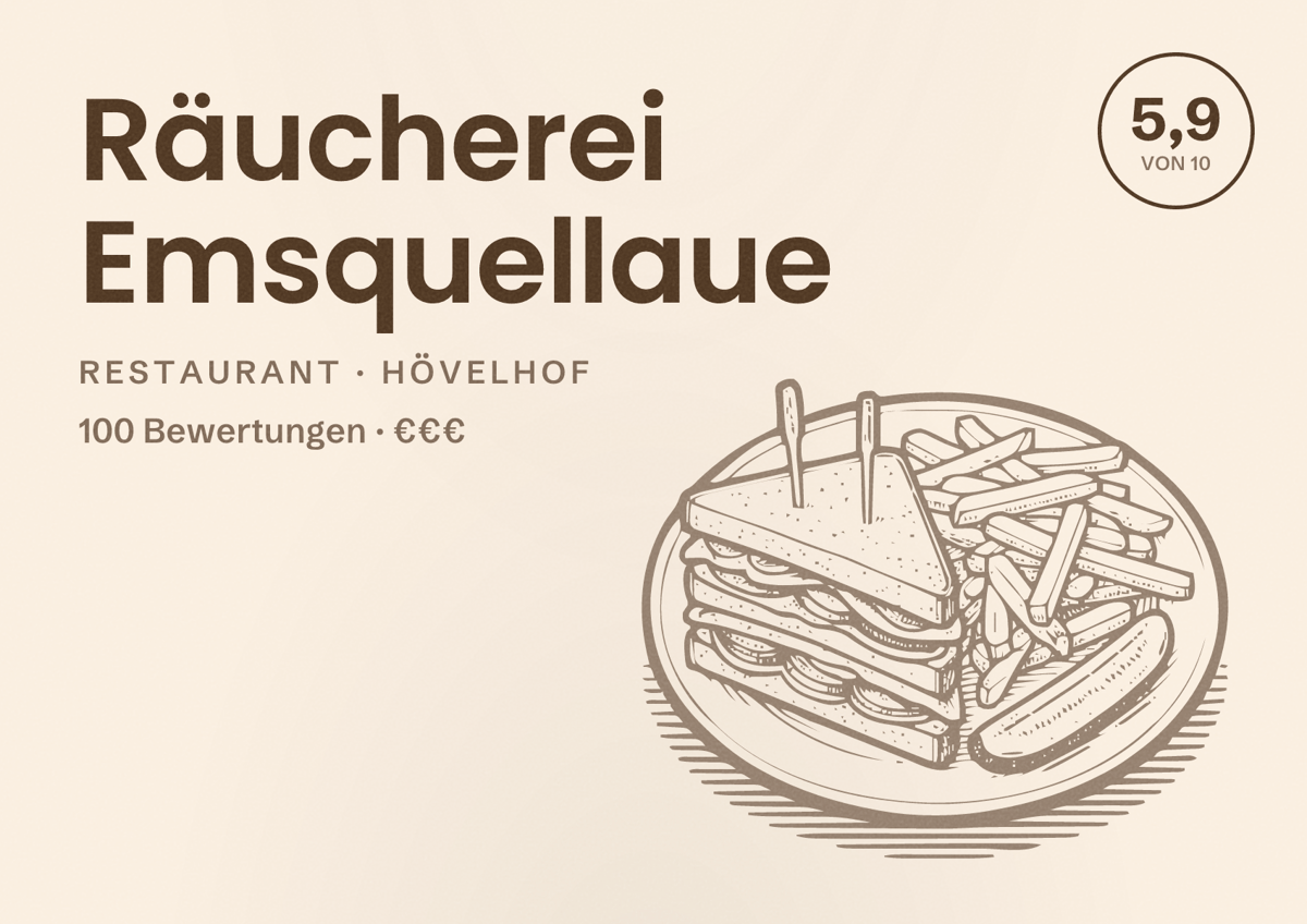 Illustriertes Poster von Räucherei Emsquellaue, Restaurant in Hövelhof: Bewertung 5,9 von 10 aus 100 Bewertungen, Preisniveau €€€