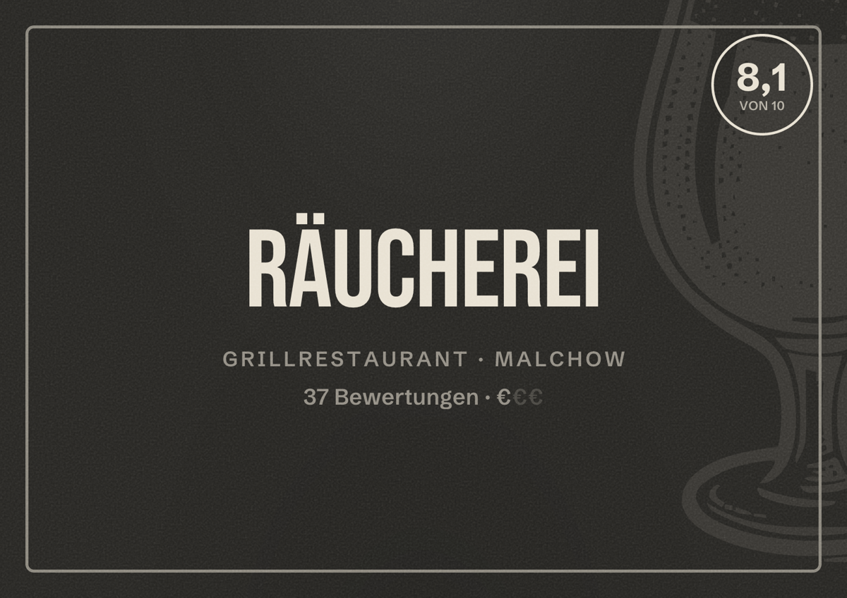 Illustriertes Poster von Räucherei, Grillrestaurant in Malchow: Bewertung 8,1 von 10 aus 37 Bewertungen, Preisniveau €