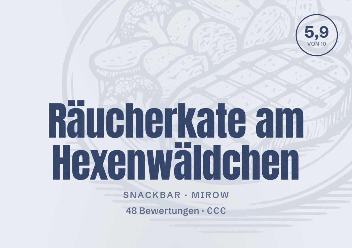 Illustriertes Poster von Räucherkate am Hexenwäldchen, Snackbar in Mirow: Bewertung 5,9 von 10 aus 48 Bewertungen, Preisniveau €€€