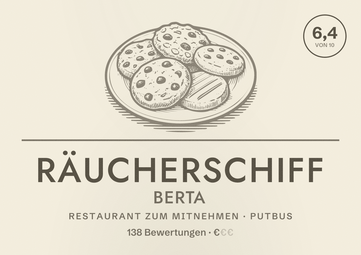 Illustriertes Poster von Räucherschiff Berta, Restaurant zum Mitnehmen in Putbus: Bewertung 6,4 von 10 aus 138 Bewertungen, Preisniveau €