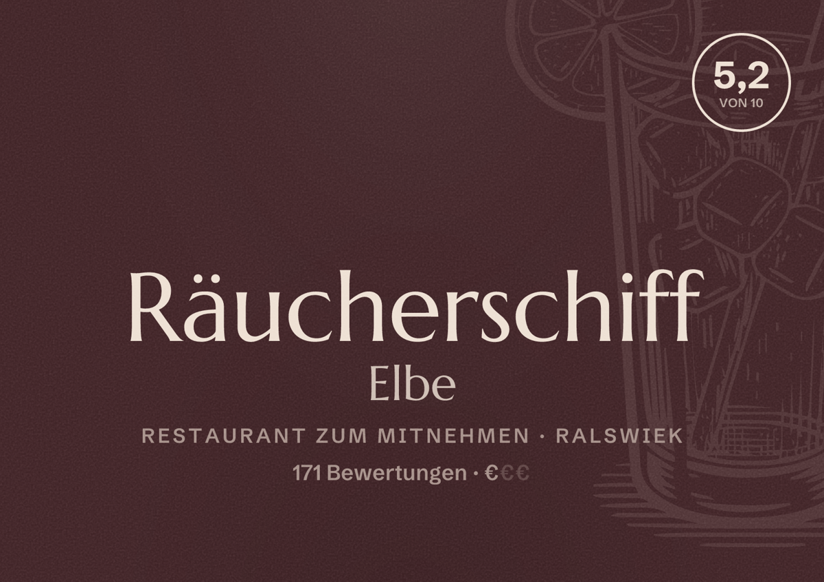 Illustriertes Poster von Räucherschiff Elbe, Restaurant zum Mitnehmen in Ralswiek: Bewertung 5,2 von 10 aus 171 Bewertungen, Preisniveau €