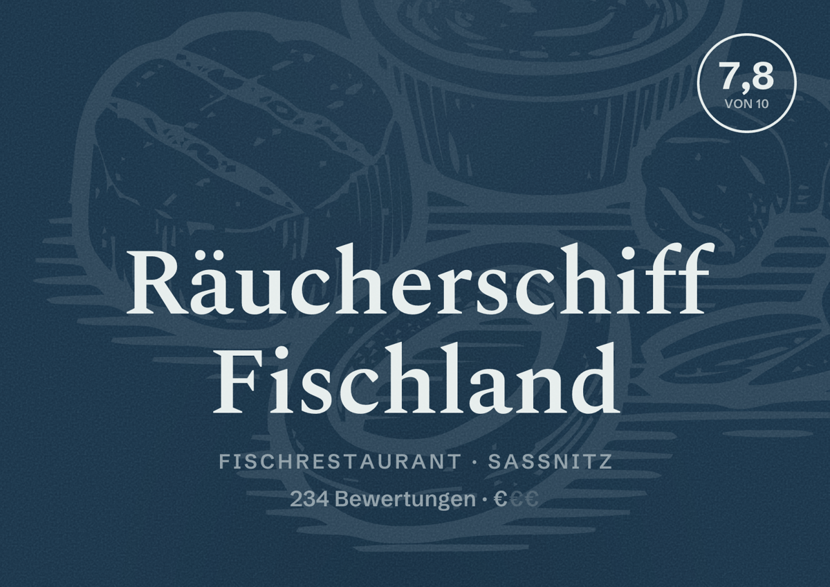 Illustriertes Poster von Räucherschiff Fischland, Fischrestaurant in Sassnitz: Bewertung 7,8 von 10 aus 234 Bewertungen, Preisniveau €