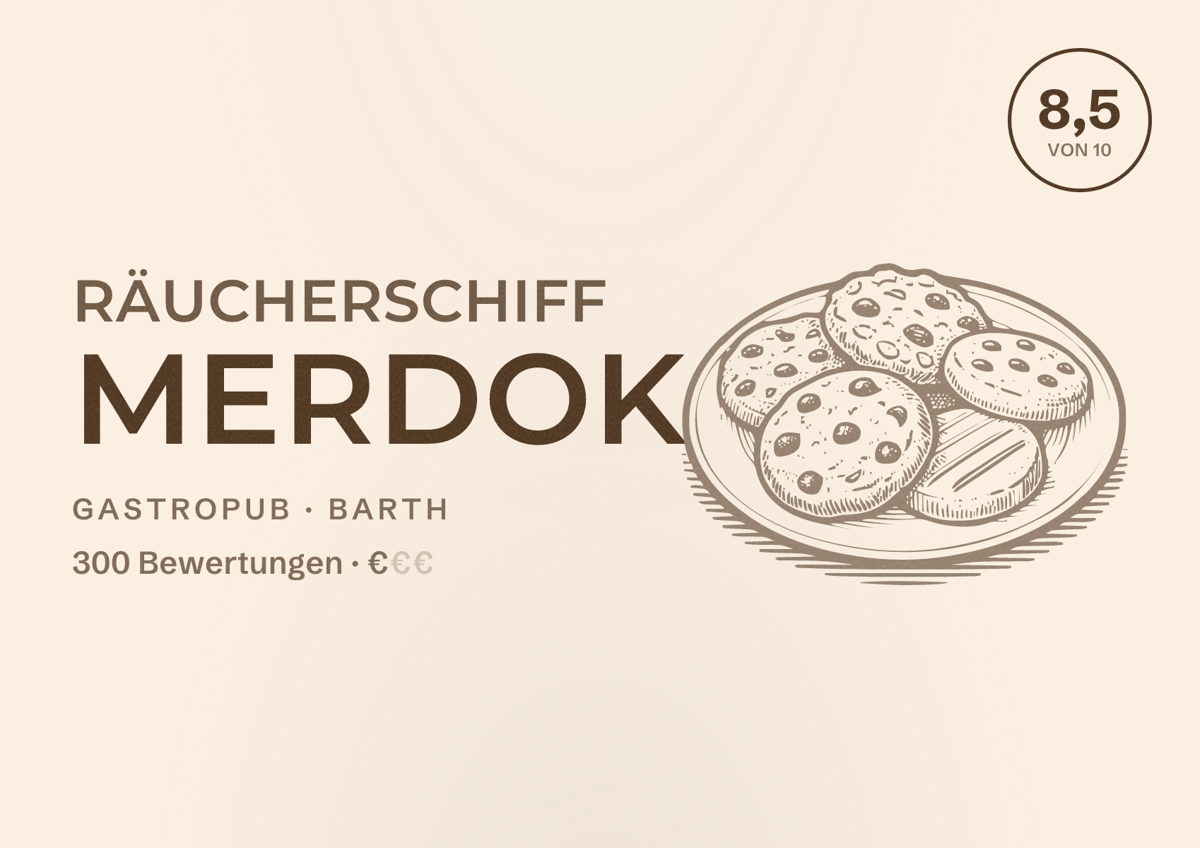 Illustriertes Poster von Räucherschiff MERDOK, Gastropub in Barth: Bewertung 8,5 von 10 aus 300 Bewertungen, Preisniveau €