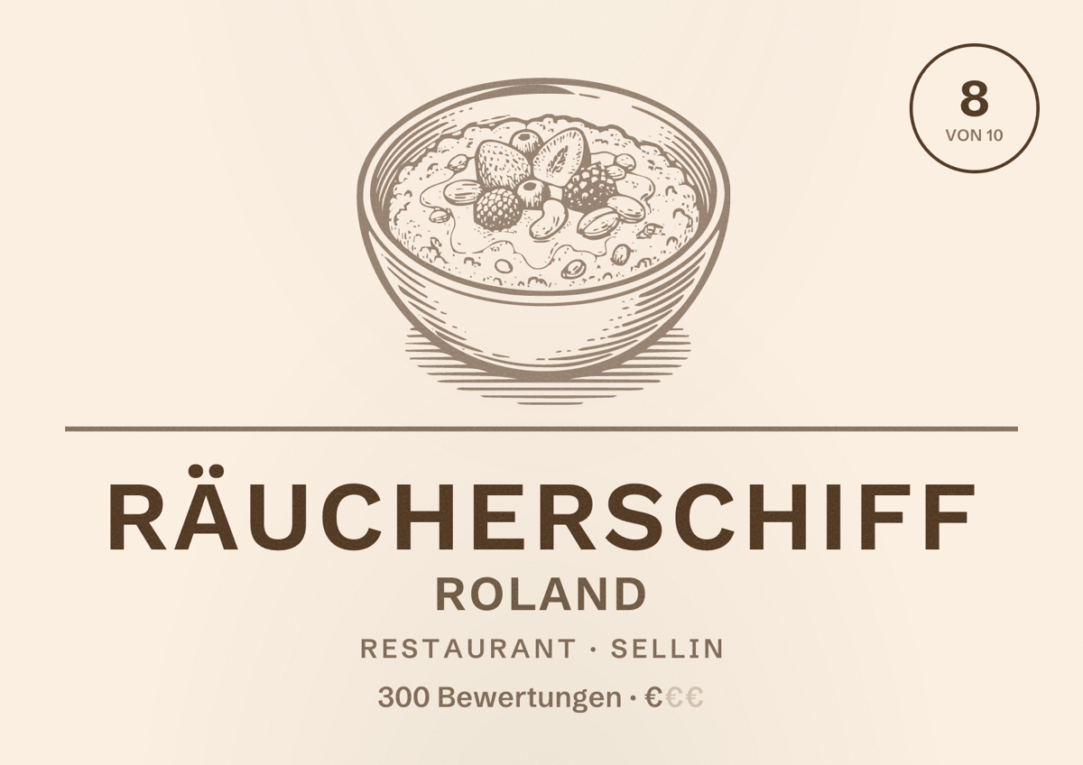 Illustriertes Poster von Räucherschiff Roland, Restaurant in Sellin: Bewertung 8 von 10 aus 300 Bewertungen, Preisniveau €