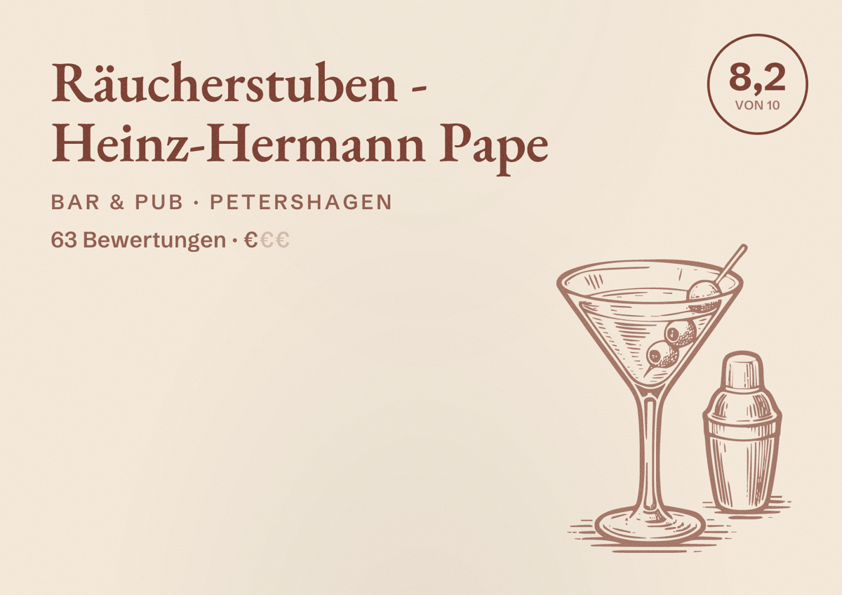 Illustriertes Poster von Räucherstuben - Heinz-Hermann Pape, Bar & Pub in Petershagen: Bewertung 8,2 von 10 aus 63 Bewertungen, Preisniveau €