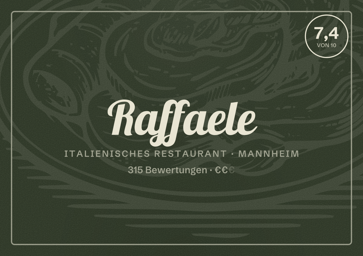 Illustriertes Poster von Raffaele, Italienisches Restaurant in Mannheim: Bewertung 7,4 von 10 aus 315 Bewertungen, Preisniveau €€