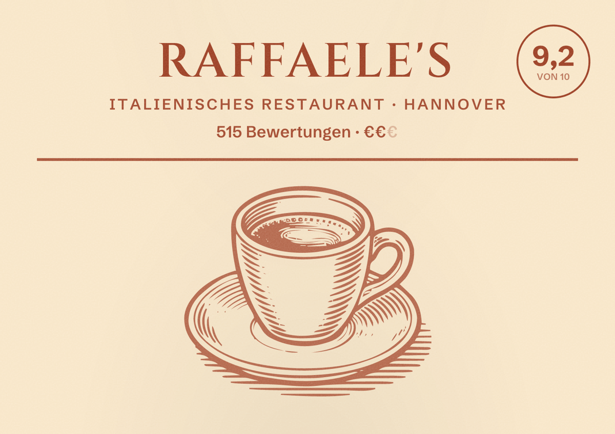 Illustriertes Poster von Raffaele's, Italienisches Restaurant in Hannover: Bewertung 9,2 von 10 aus 515 Bewertungen, Preisniveau €€