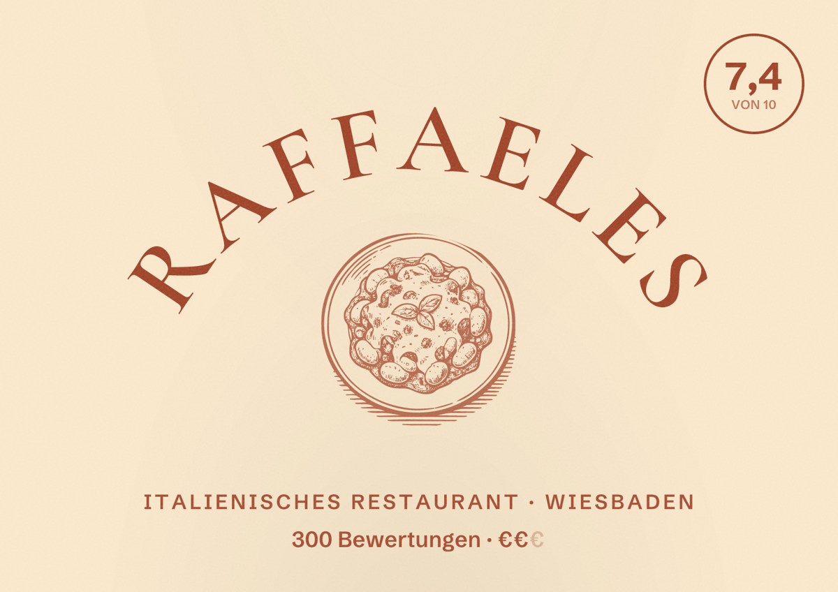 Illustriertes Poster von Raffaeles, Italienisches Restaurant in Wiesbaden: Bewertung 7,4 von 10 aus 300 Bewertungen, Preisniveau €€