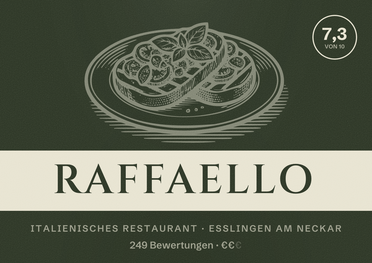Illustriertes Poster von Raffaello, Italienisches Restaurant in Esslingen am Neckar: Bewertung 7,3 von 10 aus 249 Bewertungen, Preisniveau €€