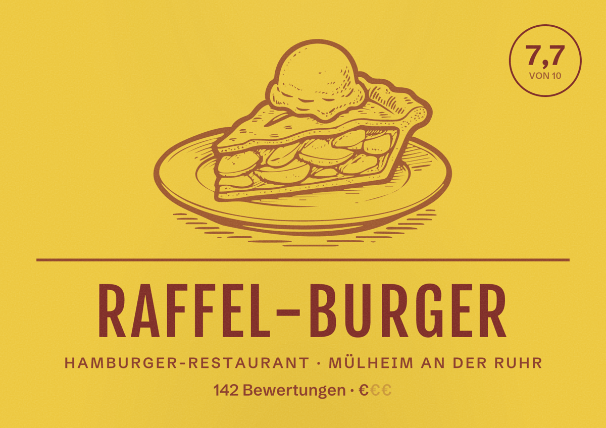 Illustriertes Poster von Raffel-Burger, Hamburger-Restaurant in Mülheim an der Ruhr: Bewertung 7,7 von 10 aus 142 Bewertungen, Preisniveau €