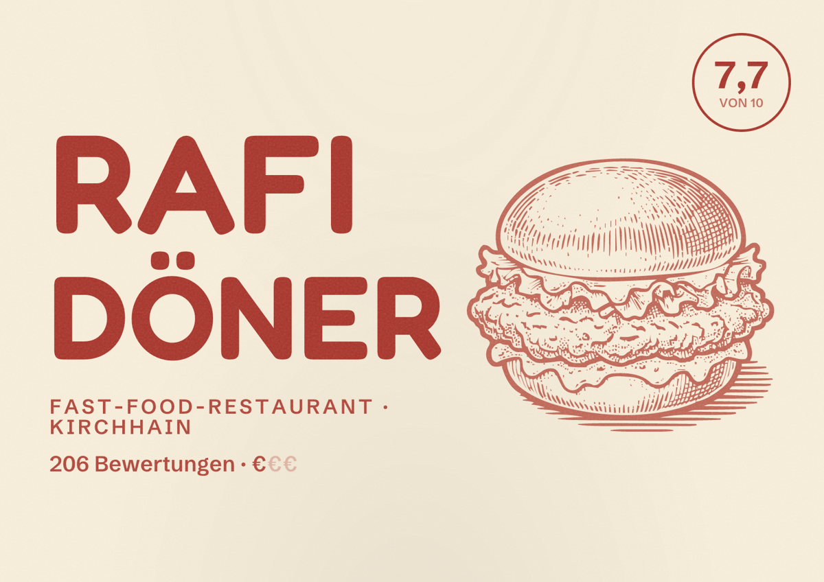 Illustriertes Poster von Rafi Döner, Fast-Food-Restaurant in Kirchhain: Bewertung 7,7 von 10 aus 206 Bewertungen, Preisniveau €