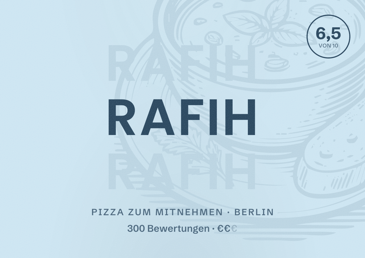 Illustriertes Poster von Rafih, Pizza zum Mitnehmen in Berlin: Bewertung 6,5 von 10 aus 300 Bewertungen, Preisniveau €€